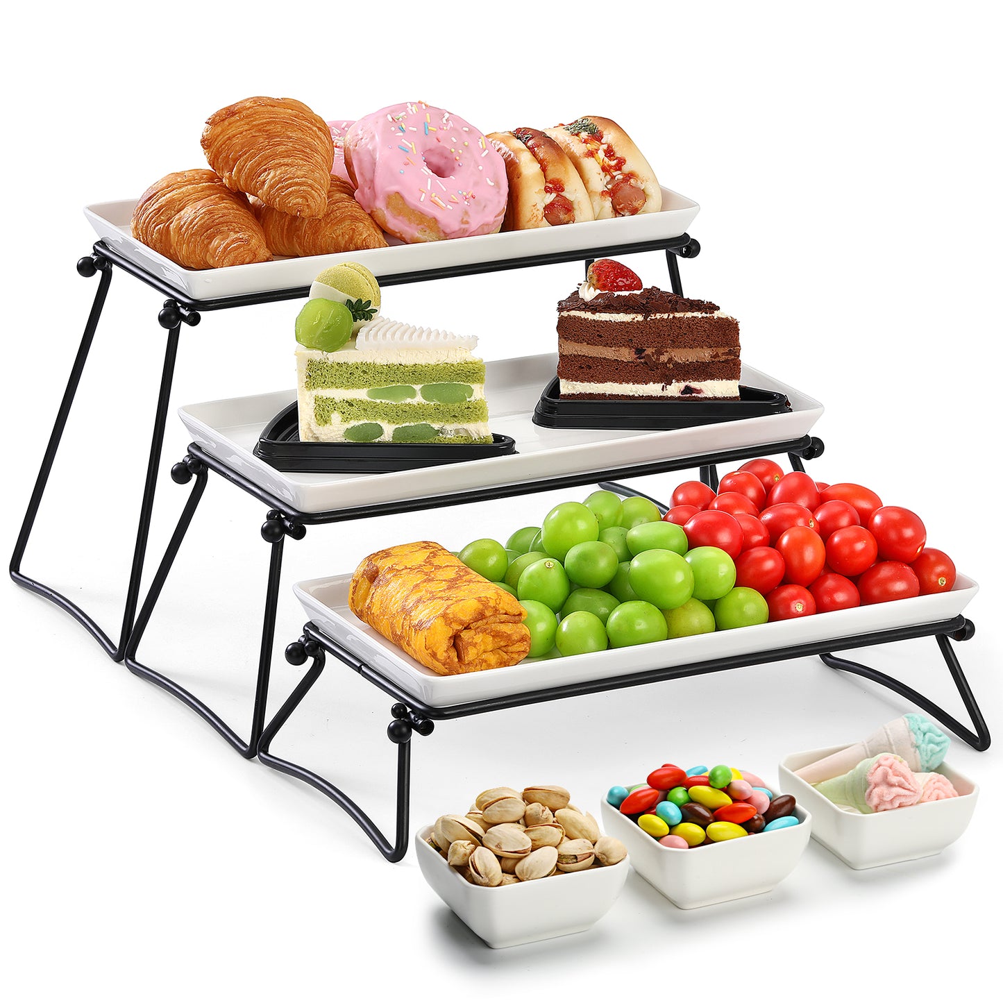 Dafuceramic 3 Tier Serving Trays, 13 Inch Porcelain Serving Platters and Trays, Tiered Tray Stand, Trays for Serving Food, Dessert Stand with Collapsible Sturdier Metal Stands