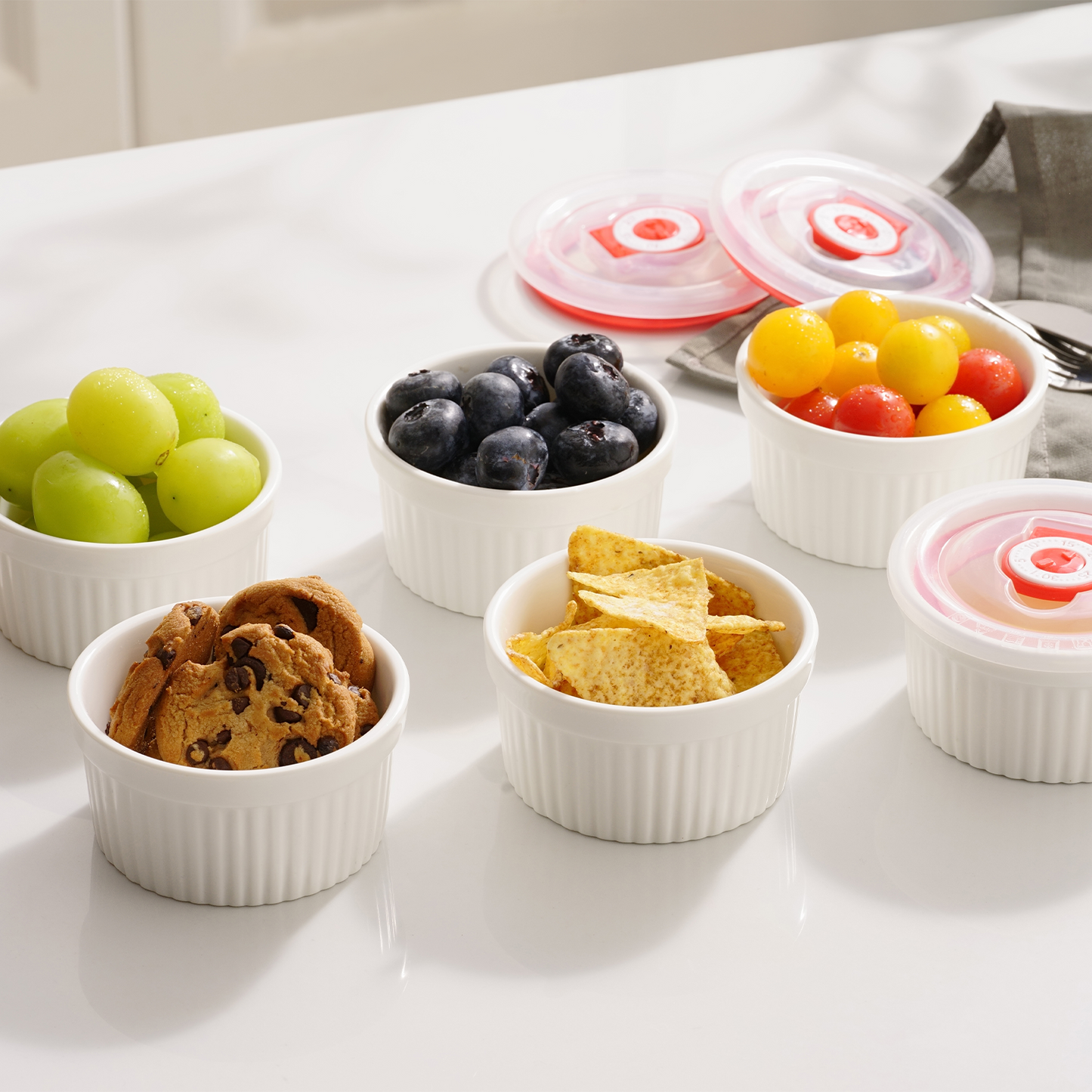 Dafuceramic Ramekins with Lids 8 oz White Creme Brulee Ramekins Ceramic Oven Safe Pudding Cups, Set of 6 Porcelain Custard for Baking Dishwasher and Microwave safe