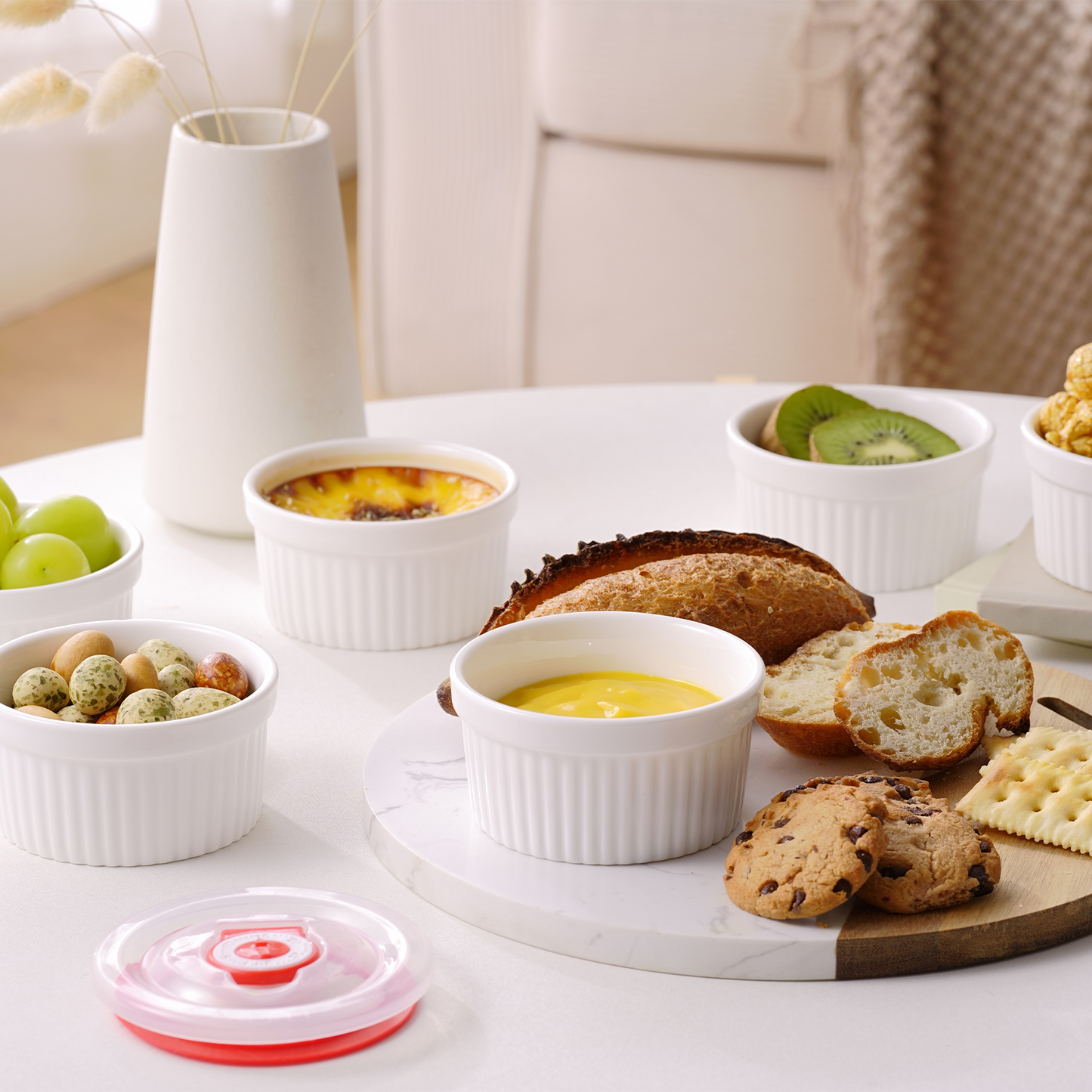 Dafuceramic Ramekins with Lids 8 oz White Creme Brulee Ramekins Ceramic Oven Safe Pudding Cups, Set of 6 Porcelain Custard for Baking Dishwasher and Microwave safe