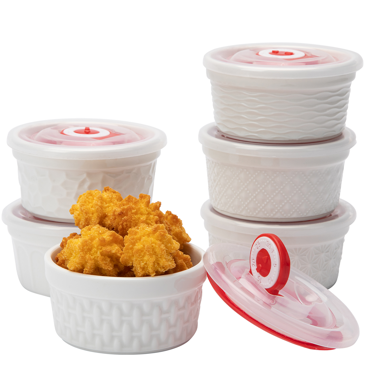 Dafuceramic Ramekins with Lids 4 oz White Embossed Creme Brulee Ramekins Ceramic Oven Safe Pudding Cups, Set of 6 Porcelain Custard for Baking Dishwasher