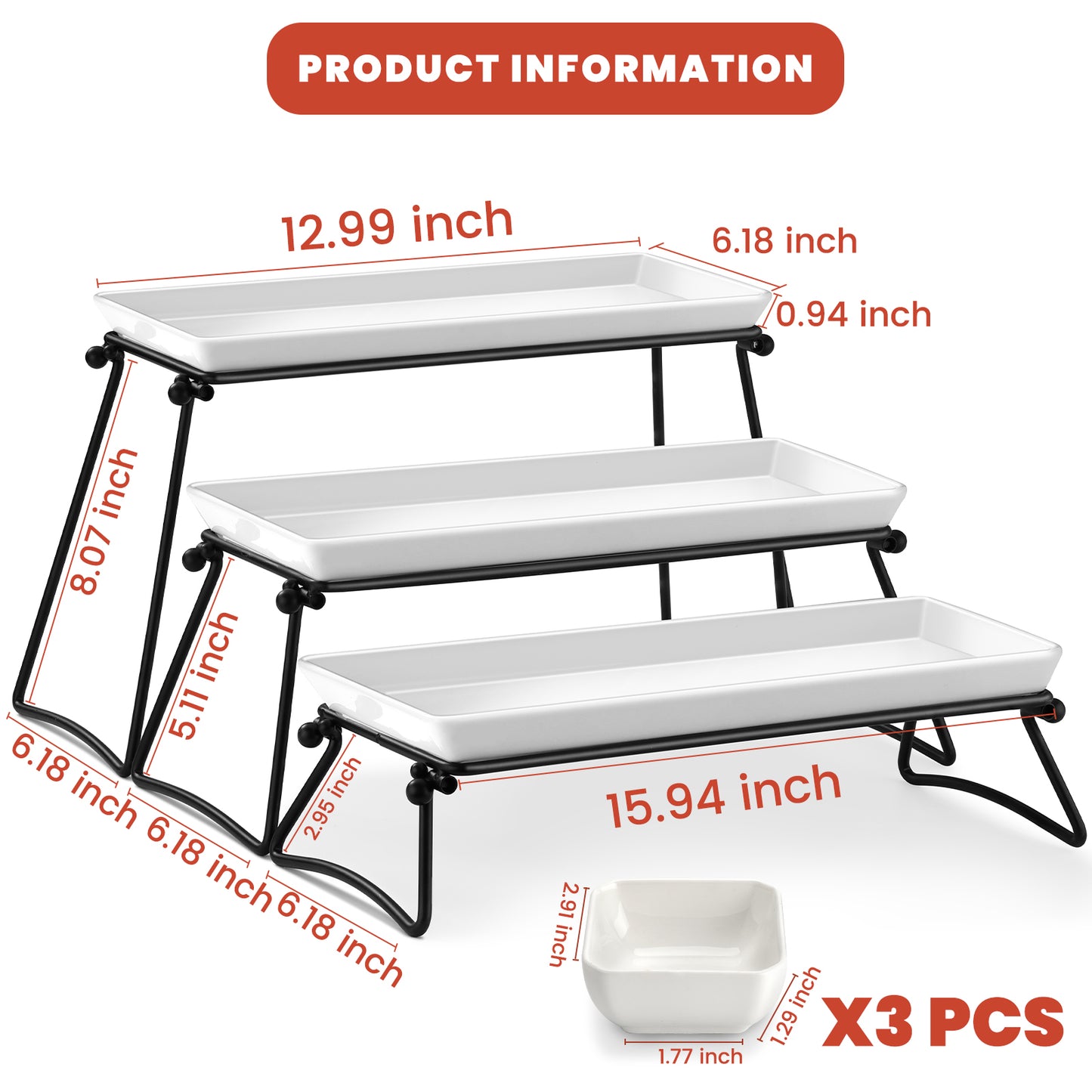 Dafuceramic 3 Tier Serving Trays, 13 Inch Porcelain Serving Platters and Trays, Tiered Tray Stand, Trays for Serving Food, Dessert Stand with Collapsible Sturdier Metal Stands