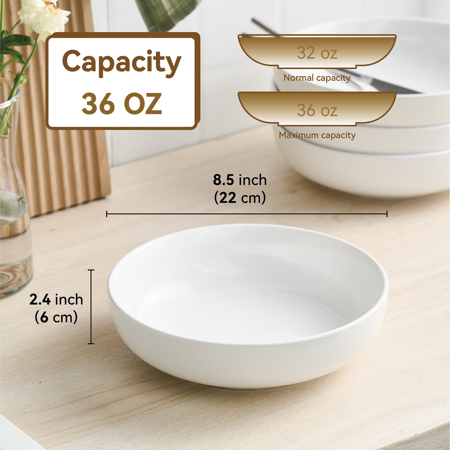 Dafuceramic 8.5Inch Pasta Bowls, 36OZ Serving Bowls, Salad Bowls Set of 4 Ceramic Soup Bowls Sturdy & Stackable, Ideal for Housewarming, Festivals, White (36 OZ)