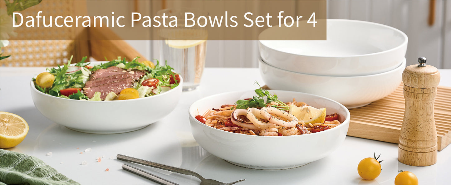 Dafuceramic 8.5Inch Pasta Bowls, 36OZ Serving Bowls, Salad Bowls Set of 4 Ceramic Soup Bowls Sturdy & Stackable, Ideal for Housewarming, Festivals, White (36 OZ)