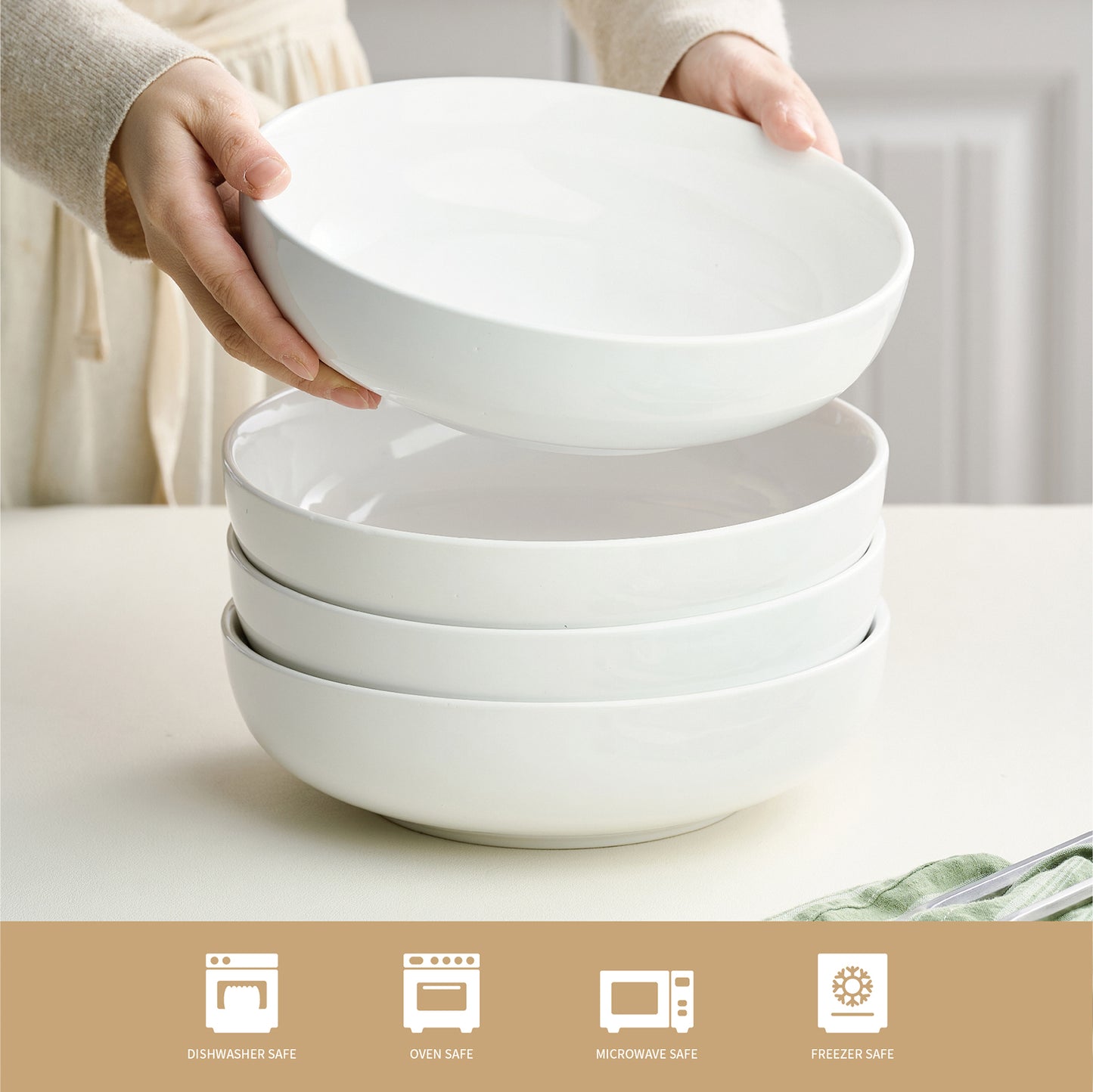 Dafuceramic 8.5Inch Pasta Bowls, 36OZ Serving Bowls, Salad Bowls Set of 4 Ceramic Soup Bowls Sturdy & Stackable, Ideal for Housewarming, Festivals, White (36 OZ)