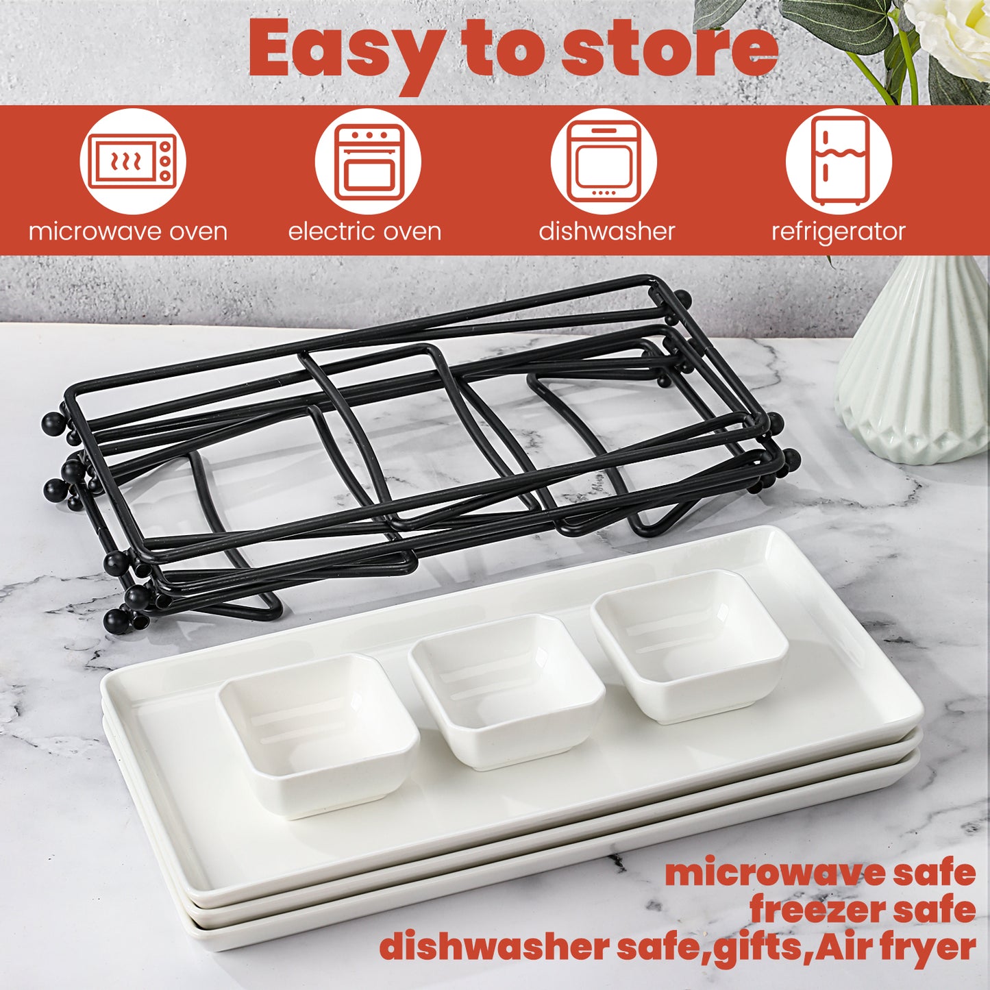 Dafuceramic 3 Tier Serving Trays, 13 Inch Porcelain Serving Platters and Trays, Tiered Tray Stand, Trays for Serving Food, Dessert Stand with Collapsible Sturdier Metal Stands