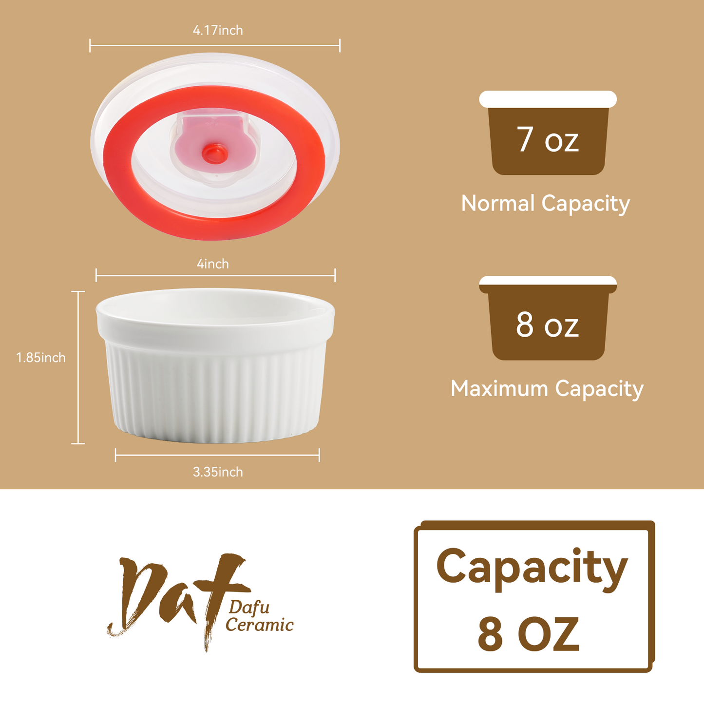 Dafuceramic Ramekins with Lids 8 oz White Creme Brulee Ramekins Ceramic Oven Safe Pudding Cups, Set of 6 Porcelain Custard for Baking Dishwasher and Microwave safe