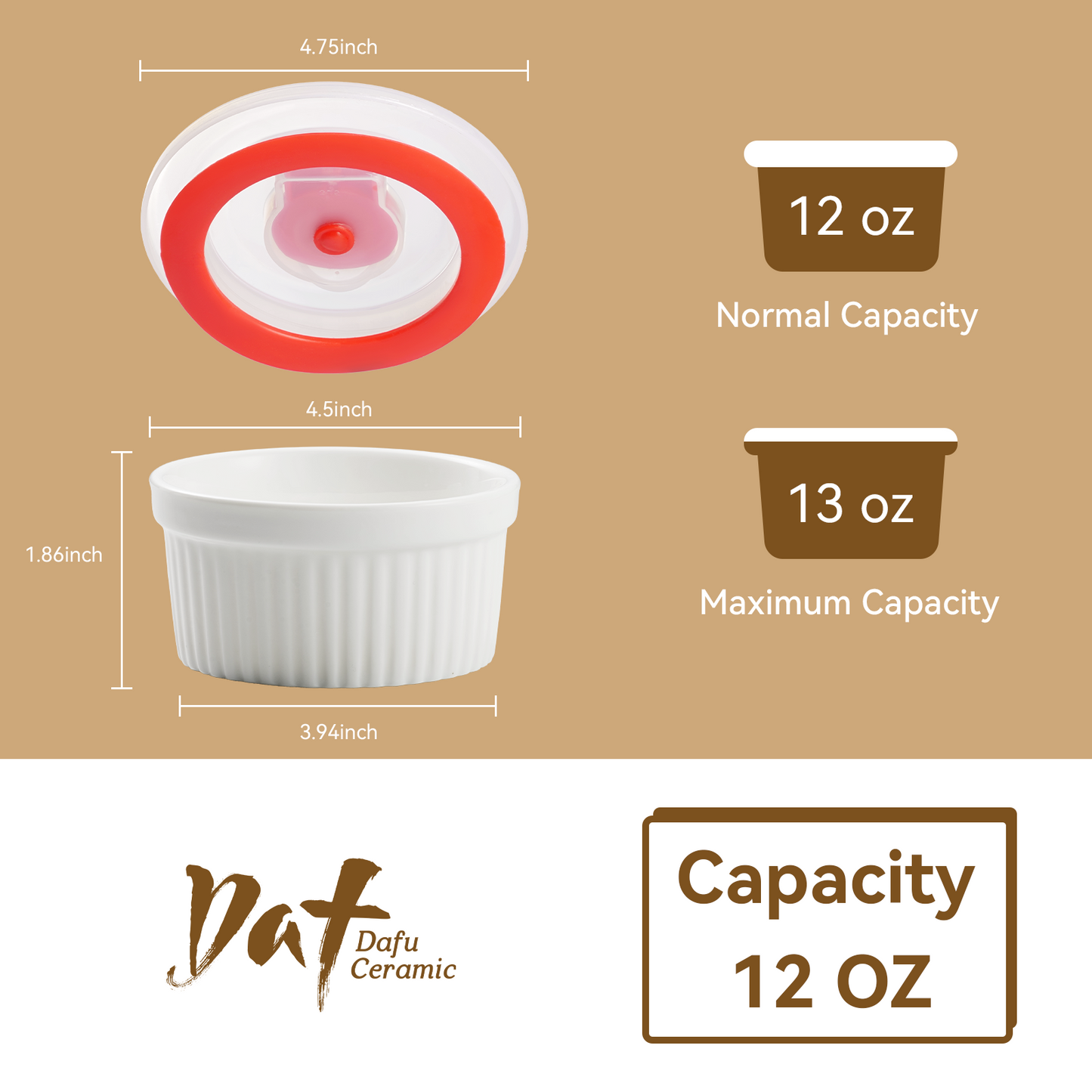 Dafuceramic Ramekins with Lids 12 oz White Creme Brulee Ramekins Ceramic Oven Safe Pudding Cups, Set of 6 Porcelain Custard for Baking Dishwasher and Microwave Safe