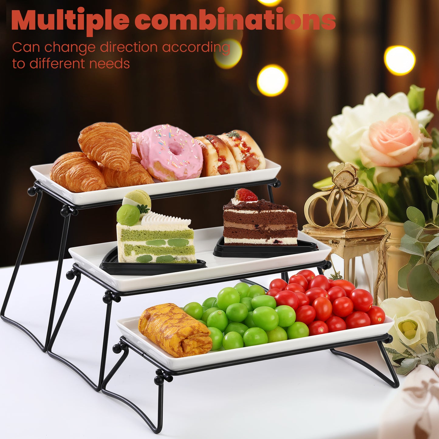 Dafuceramic 3 Tier Serving Trays, 13 Inch Porcelain Serving Platters and Trays, Tiered Tray Stand, Trays for Serving Food, Dessert Stand with Collapsible Sturdier Metal Stands