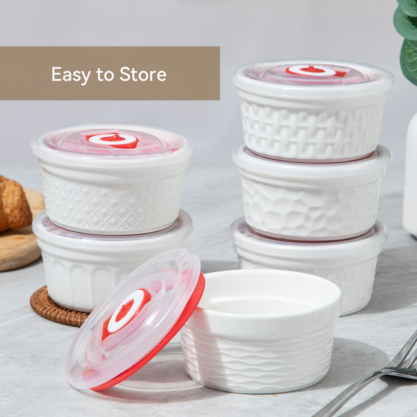 Dafuceramic Ramekins with Lids 4 oz White Embossed Creme Brulee Ramekins Ceramic Oven Safe Pudding Cups, Set of 6 Porcelain Custard for Baking Dishwasher