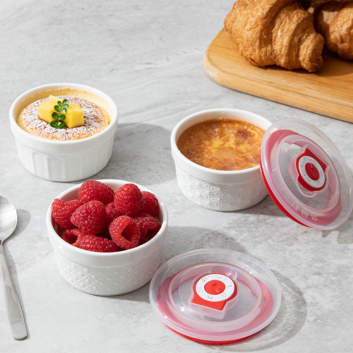 Dafuceramic Ramekins with Lids 4 oz White Embossed Creme Brulee Ramekins Ceramic Oven Safe Pudding Cups, Set of 6 Porcelain Custard for Baking Dishwasher