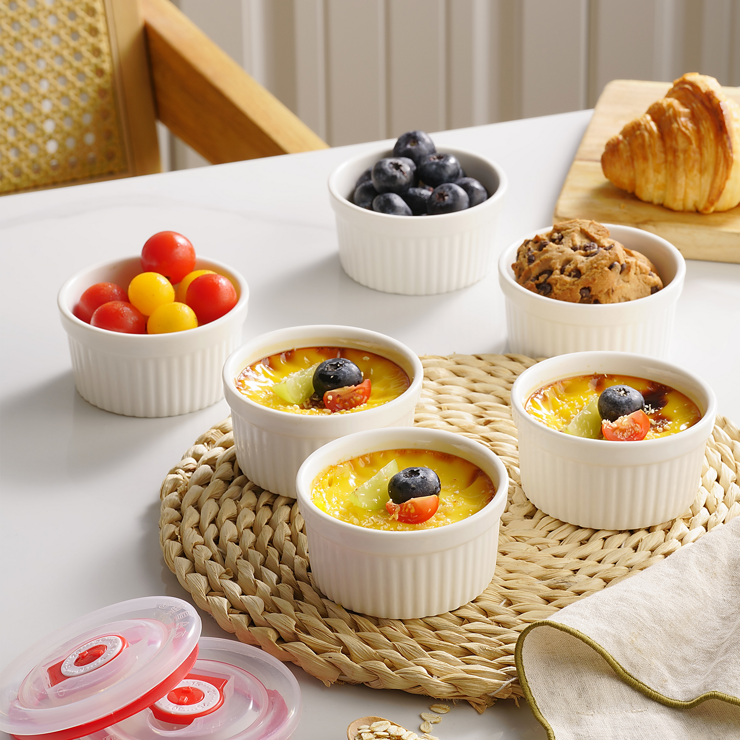 Dafuceramic Ramekins with Lids 8 oz White Creme Brulee Ramekins Ceramic Oven Safe Pudding Cups, Set of 6 Porcelain Custard for Baking Dishwasher and Microwave safe